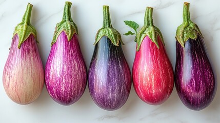 Wall Mural - Vibrant assortment of fresh eggplants arranged neatly on a white background showcasing their rich colors and natural beauty