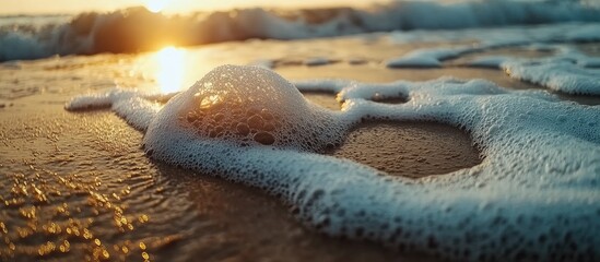 Poster - Sea foam gently resting on a sandy beach at sunset creating a serene coastal atmosphere
