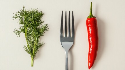Poster - Close up of red hot pepper fork and dill on a neutral background showcasing healthy vegetable cuisine and vibrant flavors