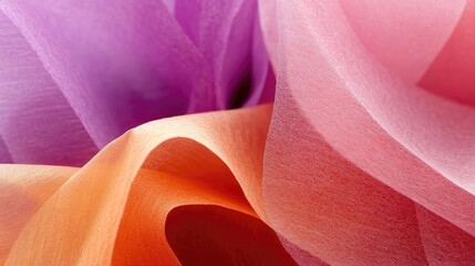 Poster - Colorful layers of delicate tissue paper in shades of purple, pink, and orange creating a vibrant textured abstract background.