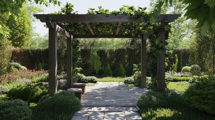 Poster - Serene Garden Oasis Featuring Rustic Pergola with Lush Climbing Plants and Stone Pathway Amidst Verdant Foliage and Blooming Flowers