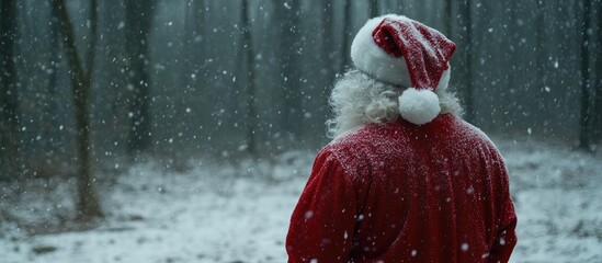 Poster - Santa Claus admiring a serene snowy forest landscape during winter festivities