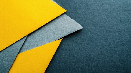 Poster - Geometric arrangement of yellow and gray paper layers creating a textured background for minimalistic design and versatile copy space