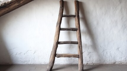 Poster - Rustic Wooden Ladder Leaning on White Wall in Minimalist Interior Design Space