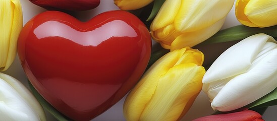 Leinwandbilder - Heart-shaped decoration surrounded by yellow and white tulips on a white background viewed from above creating a vibrant floral arrangement.