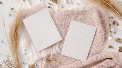 Poster - Scandinavian Boho Style Mockup Blank Greeting Cards with Natural Elements and Textured Fabrics on White Background