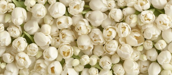 Wall Mural - White tulips densely packed creating a vibrant and elegant backdrop for spring floral arrangements and seasonal designs