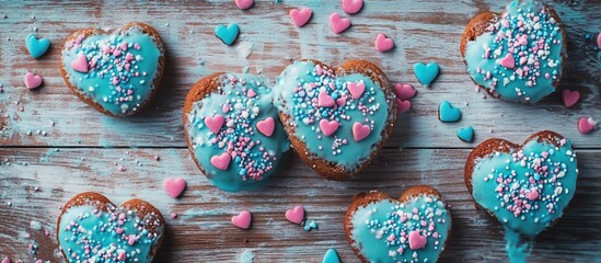 Canvas Print - Iced Heart Shaped Cookies Decorated with Colorful Sprinkles on Rustic Wooden Table Surface