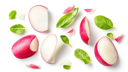 Aufkleber - Fresh radishes and leafy greens arranged artistically on a bright white background for vibrant food photography.