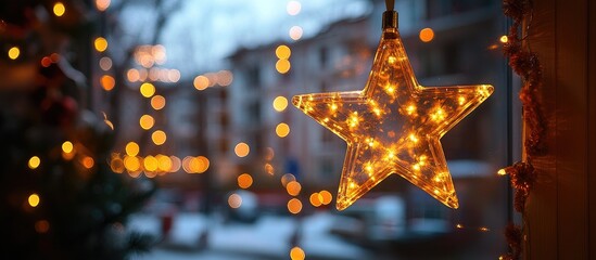 Poster - Decorative Star Light with Warm Glow and Blurred Background in Winter Season