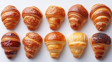 Poster - Delicious assortment of freshly baked croissants arranged beautifully against a clean white background with selective focus details.