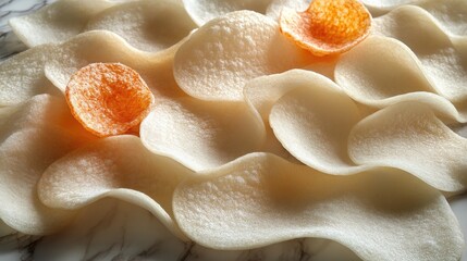 Poster - Artfully arranged potato chips with crispy texture and subtle color variations on a clean white background for culinary presentations