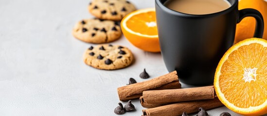 Poster - Seasonal beverage arrangement with mugs hot drink cinnamon sticks juicy orange cookies and chocolate chips on light background