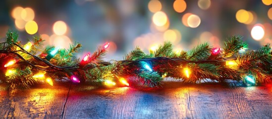Poster - Colorful defocused Christmas garland on wooden surface creating a festive atmosphere ideal for winter holiday season decorations