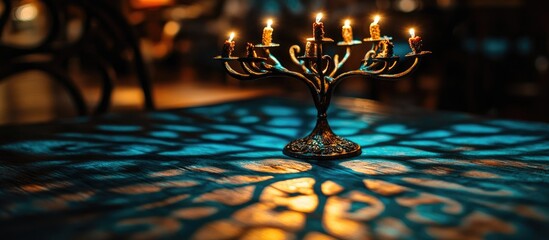 Leinwandbilder - Blurred candelabrum casting intricate shadows on a surface illuminated by warm light creating an atmospheric and elegant ambiance