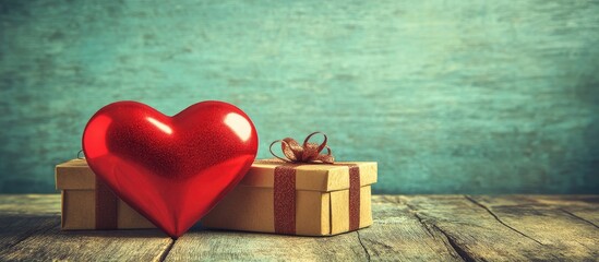 Poster - Red heart and beautifully wrapped gift boxes on rustic wooden surface for romantic occasions and celebrations