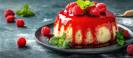 Poster - Homemade raspberry cake topped with syrup and fresh mint leaves on a dark background showcasing delicious baking ideas