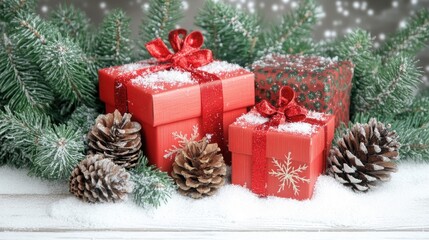 Poster - Festive red gifts adorned with eco-friendly decorations nestled among pine cones and winter greenery on a snowy wooden backdrop.