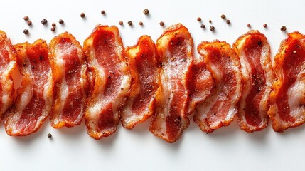 Poster - Fresh raw bacon strips arranged neatly on a clean white background showcasing texture and color ideal for culinary and cooking themes.