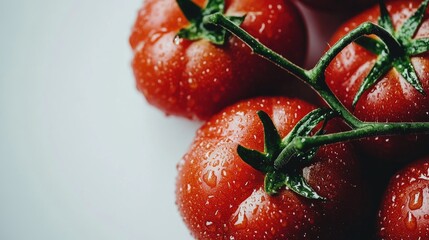Poster - Fresh ripe tomatoes glistening with dew on a vibrant white background showcasing their natural beauty and freshness.