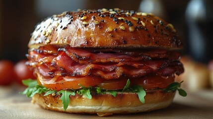 Aufkleber - Delicious gourmet sandwich with crispy ham layered freshly on a white sesame bun with lettuce and tomato on a rustic wooden surface