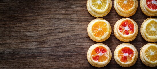 Wall Mural - Colorful round orange biscuits adorned with candied fruits on a wooden table with a warm and inviting ambiance.