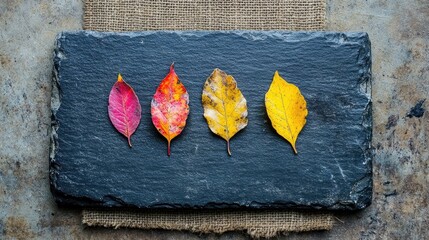 Aufkleber - Autumn leaves arranged on textured slate with burlap background perfect for Black Friday sales event promotional materials
