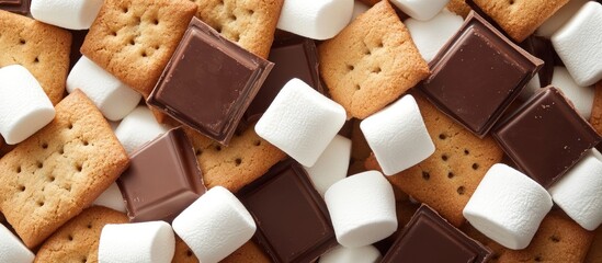 Poster - Delicious classic dessert arrangement with chocolate, marshmallows, and graham crackers perfect for card mockup and promotional use.
