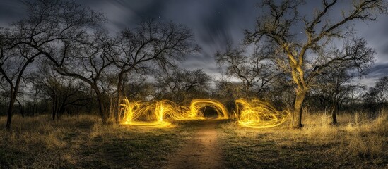 Poster - Long exposure night photograph capturing dynamic light trails amidst trees and serene landscape in a dramatic twilight setting