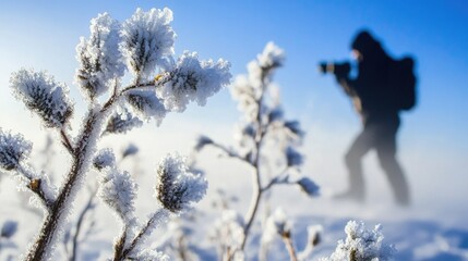 Poster - Winter Photography of a Plant with Frost and Photographer Capturing Nature in a Cold Outdoor Environment
