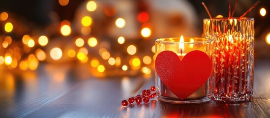 Aufkleber - Romantic candle and red heart decorations with glowing LED lights creating a warm ambiance for celebrations and special occasions