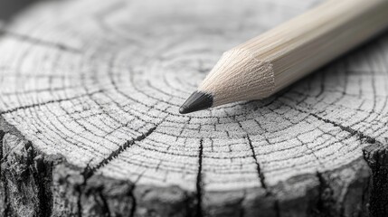 Poster - Macro close-up of a wooden pencil tip resting on a textured tree trunk surface showcasing natural artistic elements