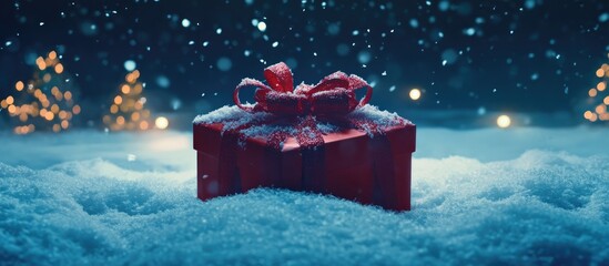 Aufkleber - Festive red gift box on snowy ground with falling snow at night creating a magical holiday atmosphere with glowing lights in the background