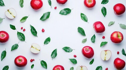 Leinwandbilder - Fresh red apples with green leaves arranged creatively on a white background showcasing healthy food ingredients and vibrant colors.