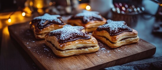 Poster - Star-shaped puff pastries with powdered sugar and chocolate dip on a rustic wooden board surrounded by festive lights