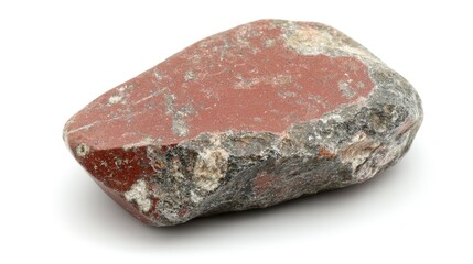 Poster - Macro close-up of natural red Jasper gemstone on a white background highlighting its unique texture and mineral characteristics.