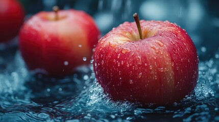Fototapete - Fresh red apples floating on water surface with splashes and droplets in a serene blue background setting