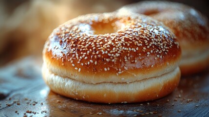 Poster - Freshly baked sesame seed bagels on wooden surface with warm lighting showcasing texture and detail of the bun's golden crust.