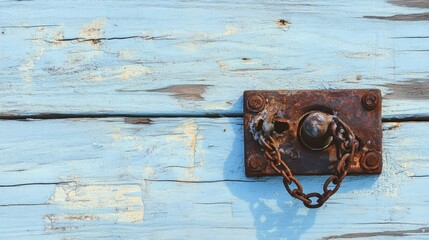 Aufkleber - Rusty lock secured with a chain on weathered light blue wooden surface with a rustic charm and vintage feel for creative projects