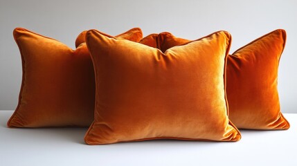 Poster - Vibrant orange velvet pillows arranged elegantly on a clean white background for home decor inspiration and interior design concepts