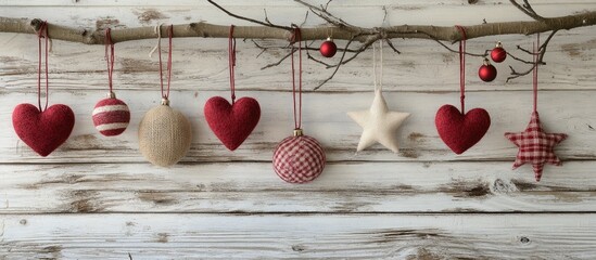 Poster - Rustic handmade red felt and burlap ornaments hanging on twigs against a white washed wooden backdrop for a cozy seasonal decor scene