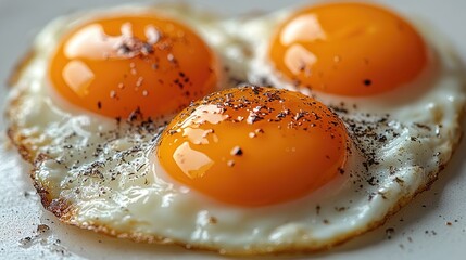 Poster - Freshly cooked fried eggs with vibrant yolks and seasoned with pepper on a neutral background highlighting organic egg quality.