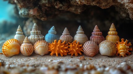 Poster - Mediterranean Seashells Arranged on Sand Showcasing Beautiful Marine Treasures and Unique Coastal Colors