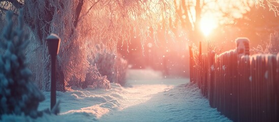 Poster - Serene winter landscape with a frosty tree illuminated by sunrise along a snow-covered path and a charming wooden fence