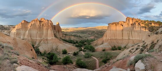 Poster - Morning rainbow arching over scenic rock formations in a national park capturing nature's beauty and tranquility.