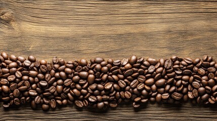 Poster - Coffee beans arranged artistically on a rustic wooden surface showcasing natural textures and earthy tones in a warm ambiance.