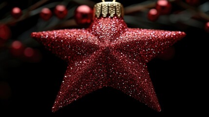 Aufkleber - Red glitter star Christmas ornament elegantly displayed on a dark background for festive holiday decoration concepts.