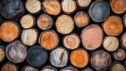 Poster - wooden logs stacked background showcasing natural textures and colors ideal for rustic design and na