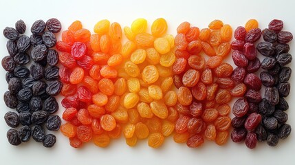 Poster - Colorful assortment of raisins displayed on a white background showcasing various shades and textures for culinary purposes