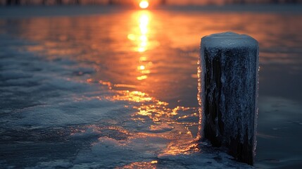 Poster - Melting ice on a lake at sunset with a wooden post reflecting warm light and serene winter scenery